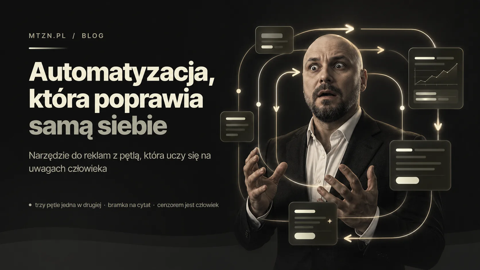 Automatyzacja, która poprawia samą siebie: człowiek otoczony kartami i pętlami połączeń