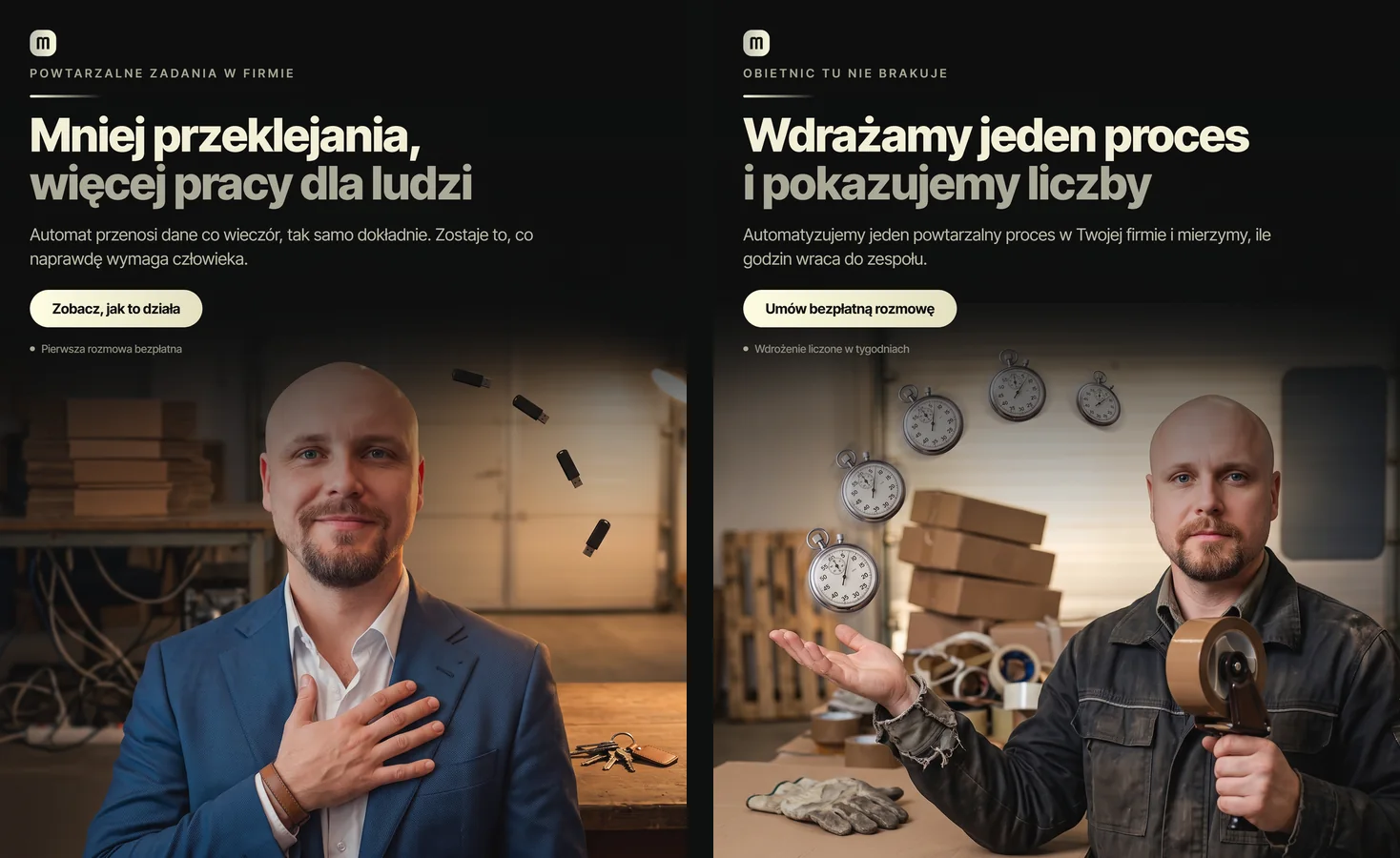Dwie reklamy obok siebie: po lewej wersja sprzed nauki z dłonią na piersi, po prawej wersja po nauce z otwartą dłonią i nagłówkiem nazywającym ofertę