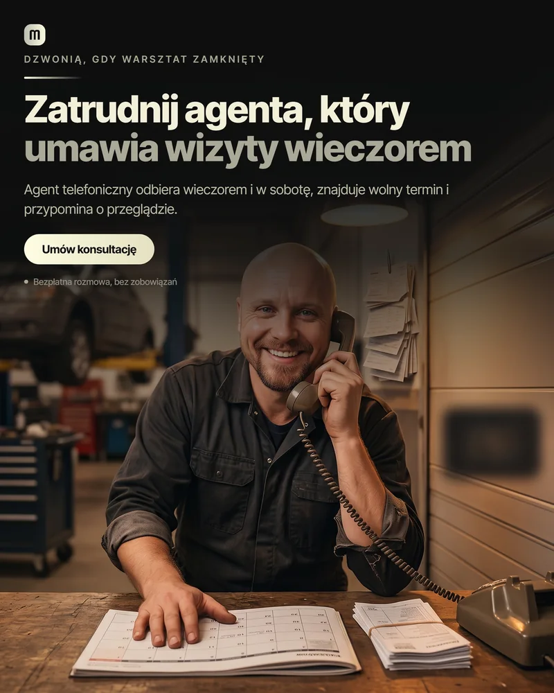 Reklama warsztatu samochodowego: mechanik z telefonem przy uchu, kalendarz na blacie, aparat telefoniczny obok