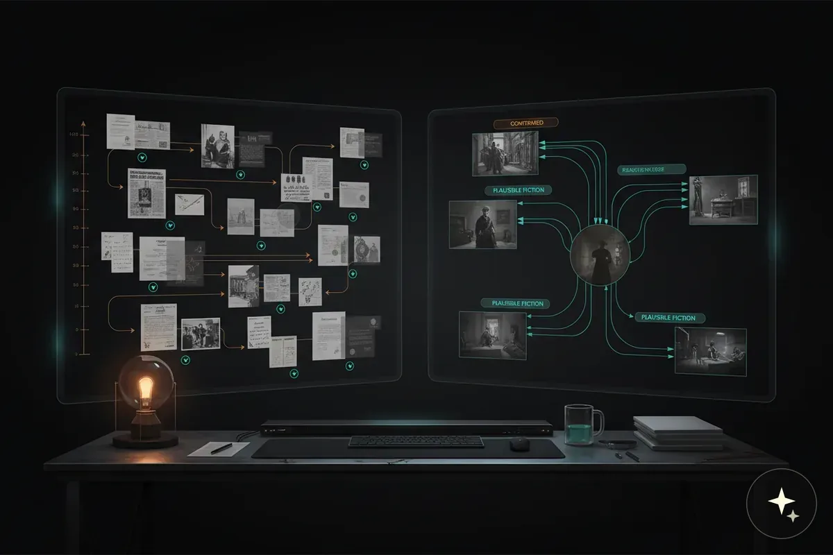 Biurko z klawiaturą, myszką, lampą i kubkiem, a nad nim dwa ekrany z diagramami i zdjęciami