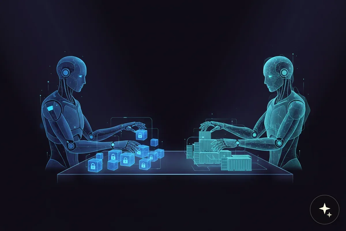 Dwa roboty w niebieskim świetle, jeden układa klocki z kłódkami, drugi kontenery na stole
