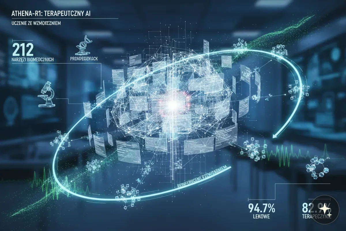Diagram przedstawiający sieć neuronową z danymi medycznymi i statystykami, w tle laboratorium
