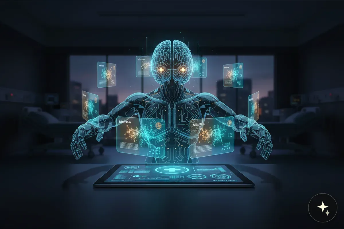 Hologram robota z mózgiem i interfejsem użytkownika, wyświetlający dane medyczne w szpitalu