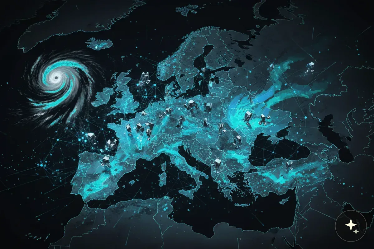 Mapa Europy z podświetlonymi obszarami, siecią połączeń, trójwymiarowymi ikonami i cyklonem nad Atlantykiem