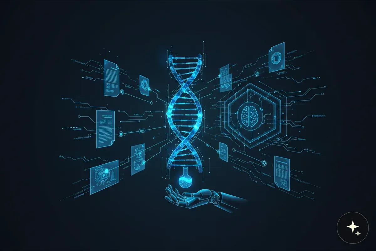 Niebieska grafika przedstawiająca DNA, dokumenty, schematy i dłoń robota trzymającą kolbę, na ciemnym tle