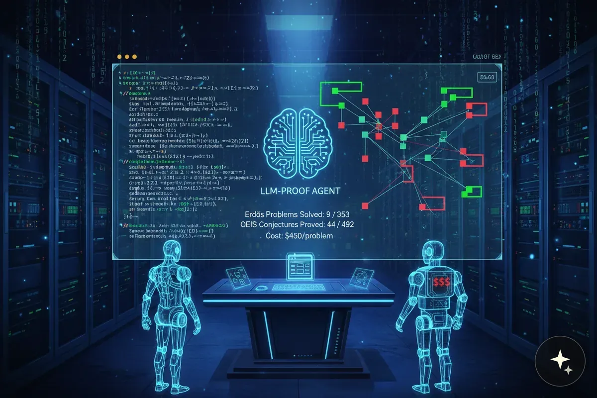Dwa przezroczyste roboty stoją przed ekranem z kodem, schematem sieci neuronowej i statystykami AI