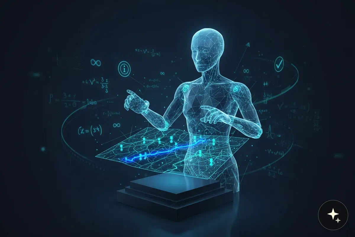 Hologram postaci ludzkiej w otoczeniu wzorów matematycznych i interaktywnej mapy z trasą