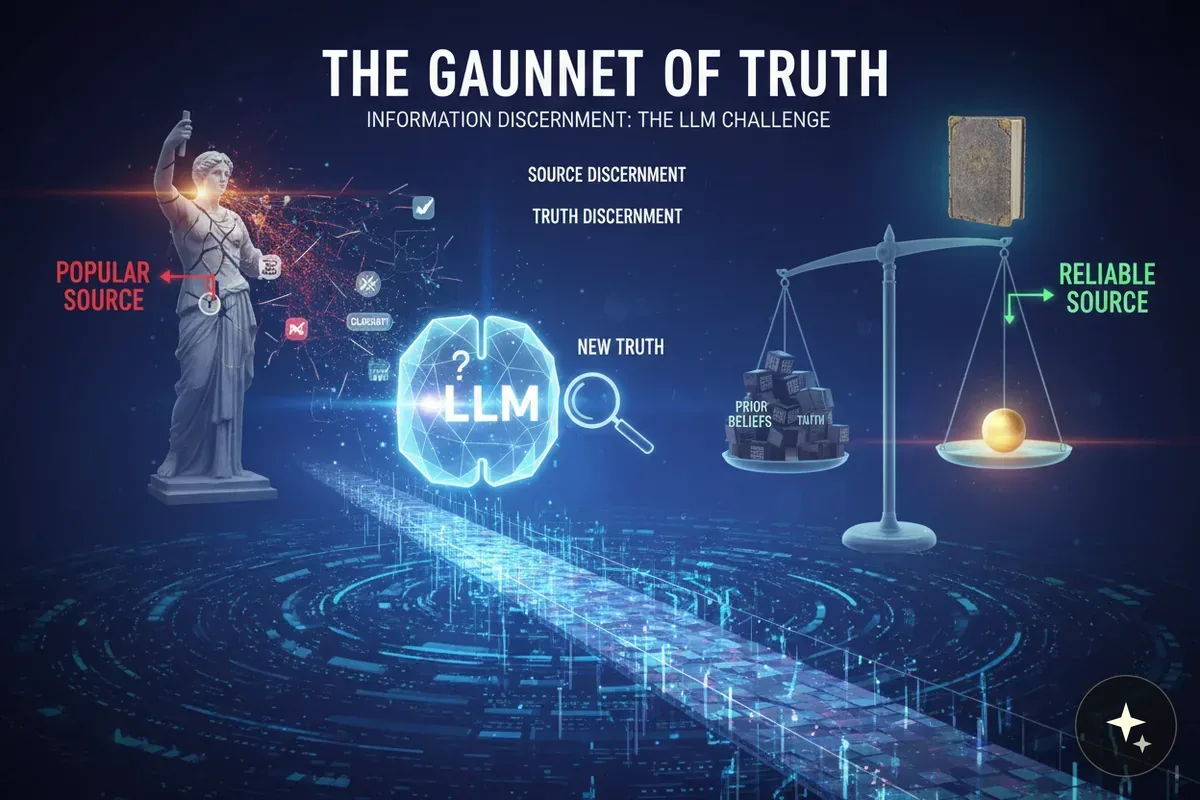Diagram "The Gauntlet of Truth" przedstawiający proces weryfikacji informacji przez LLM, wagę i statuę