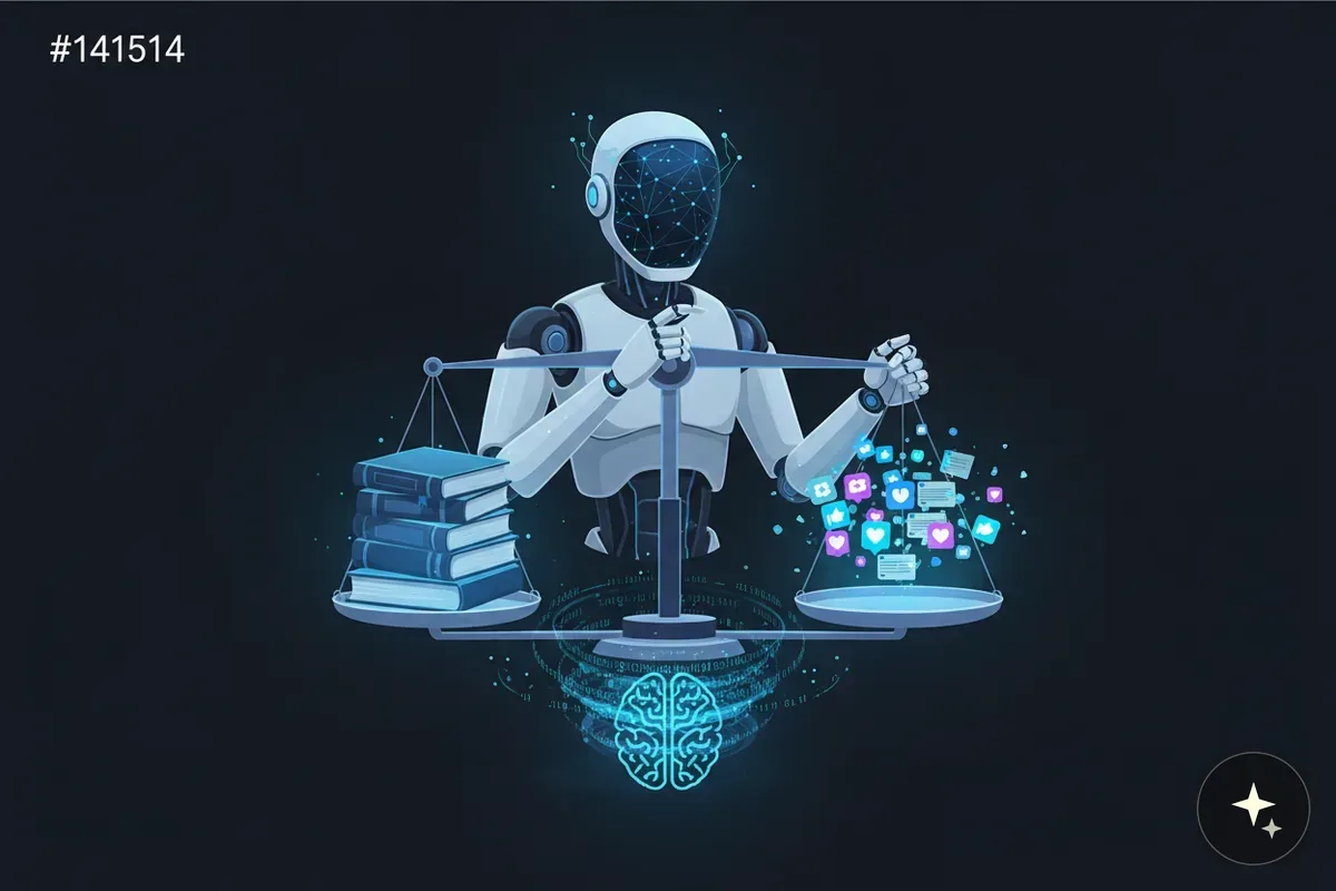 Robot trzyma wagę, na szali po lewej stos książek, po prawej ikony mediów społecznościowych, pod wagą mózg