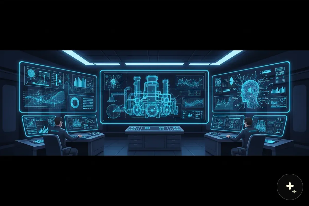 Panel kontrolny z dwoma operatorami, wyświetlający schemat reaktora i dane w postaci wykresów i diagramów