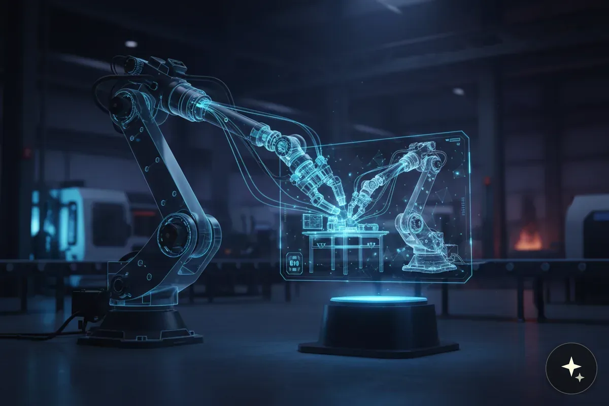 Robotyczne ramię z hologramem przedstawiającym dwa roboty pracujące przy stole w fabryce