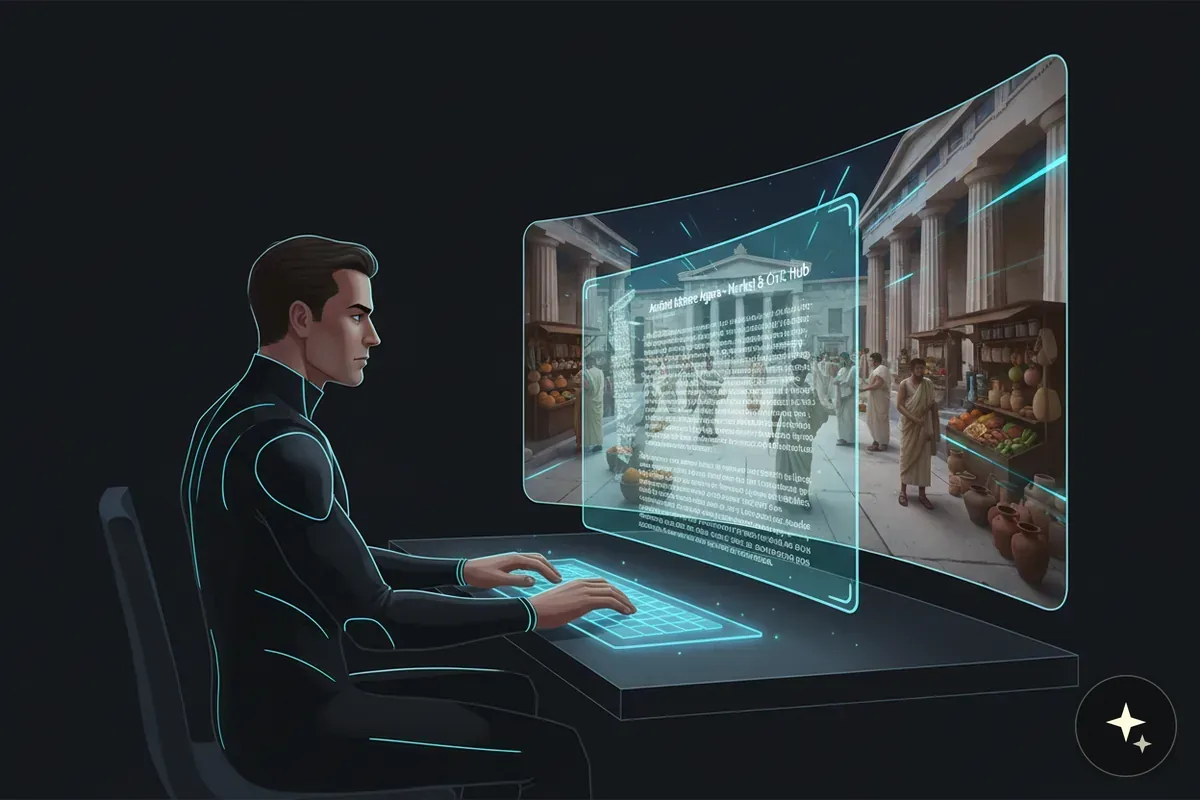 Mężczyzna w futurystycznym stroju pracuje przy biurku z holograficznym ekranem wyświetlającym starożytny rynek