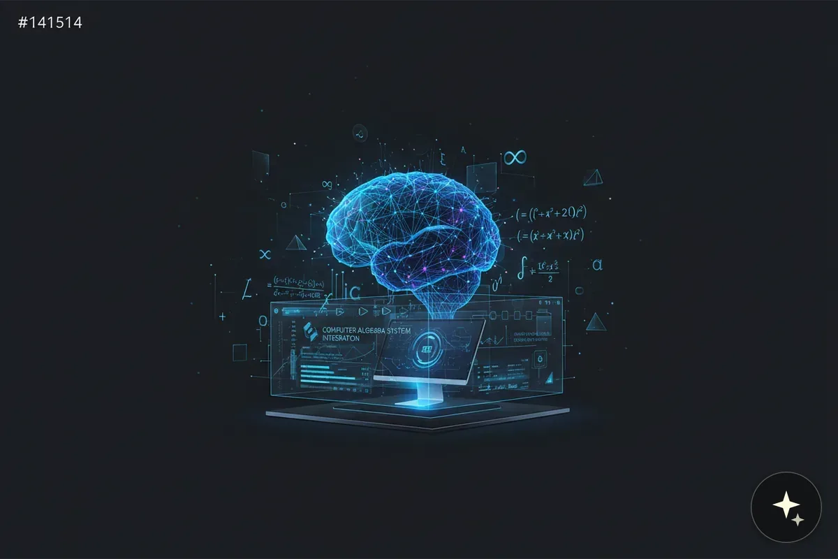 Mózg z połączeniami neuronowymi, równania matematyczne i interfejs systemu komputerowego na ciemnym tle