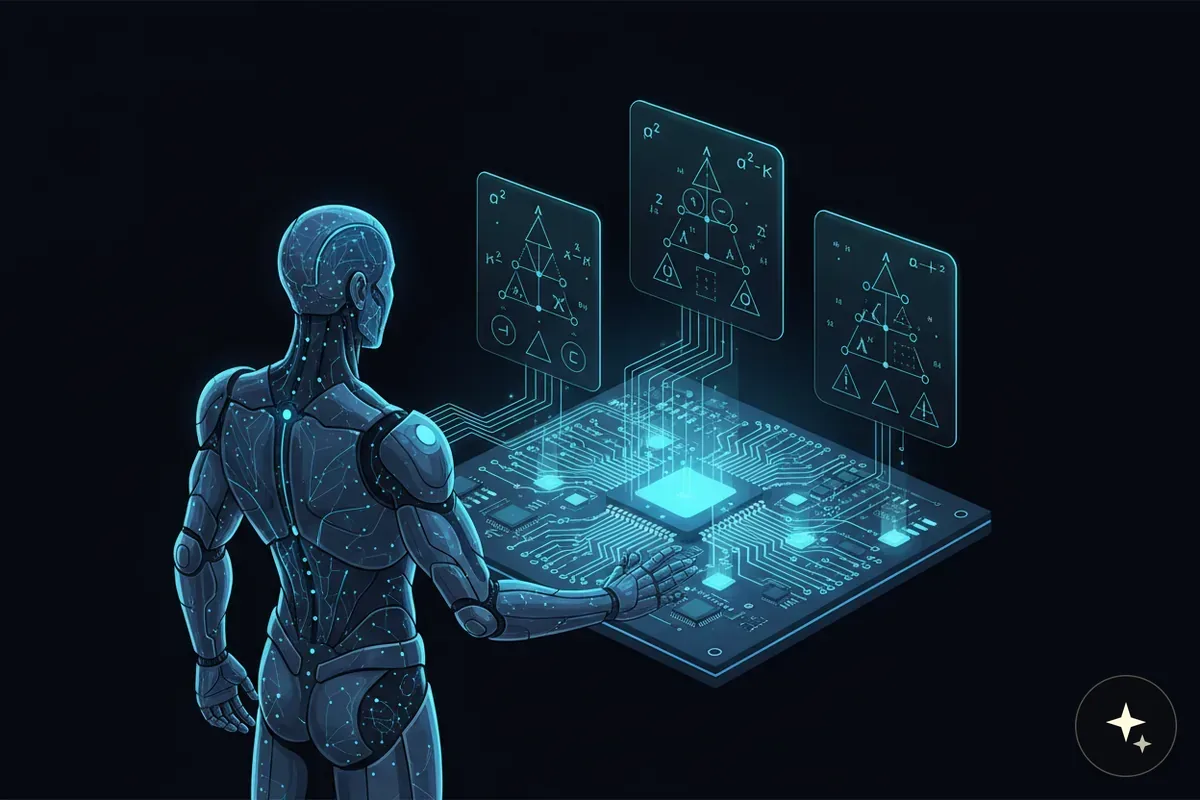 Robot patrzy na płytkę drukowaną z podświetlonymi ścieżkami i trzema ekranami z symbolami matematycznymi