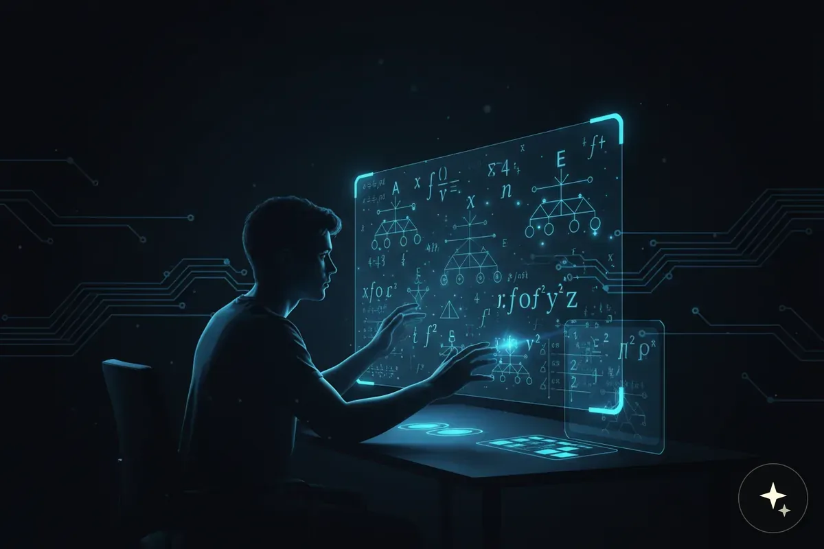 Mężczyzna wpatrujący się w przezroczysty ekran z równaniami matematycznymi i schematami, otoczony cyfrowymi obwodami