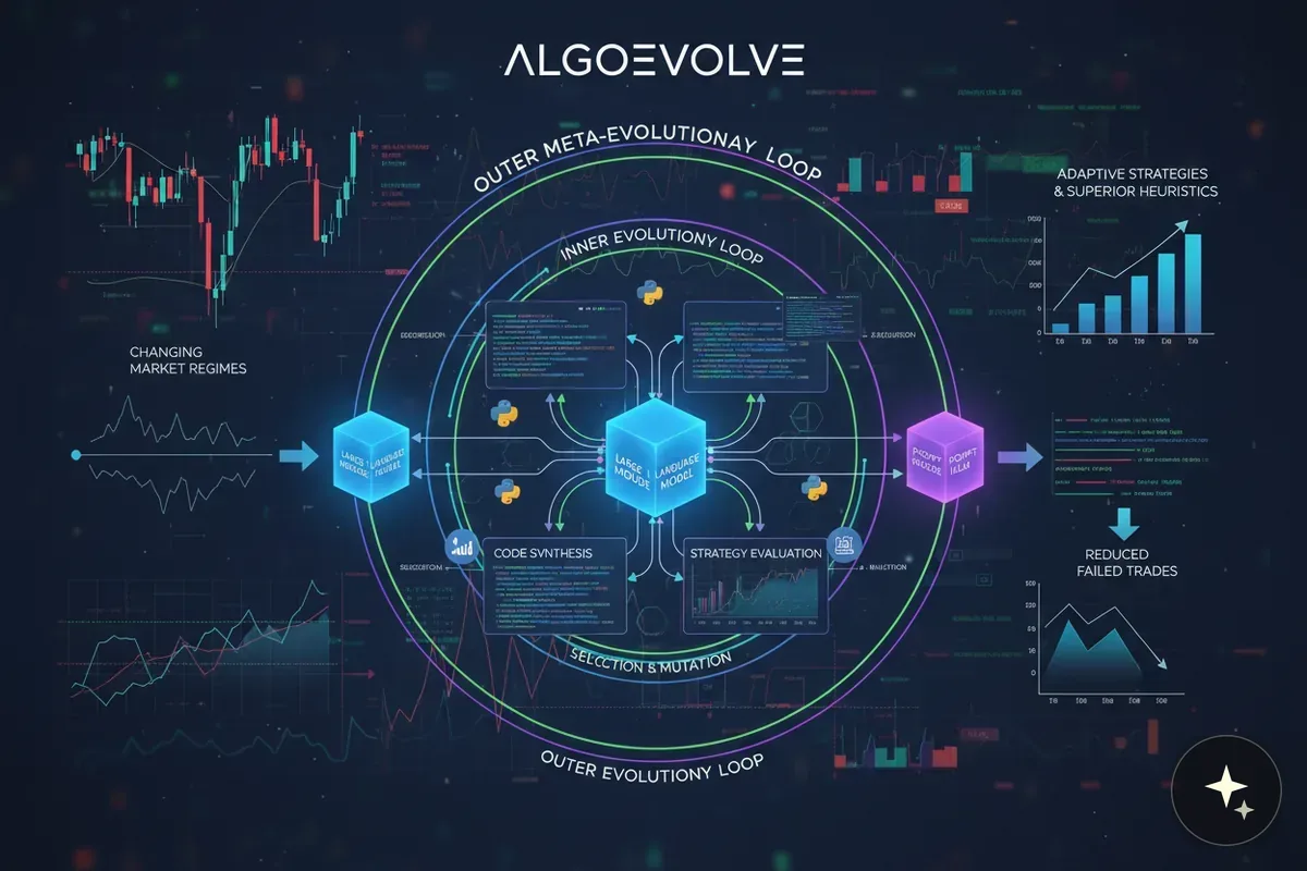 Schemat AlgoEvolve z pętlami ewolucyjnymi, modelami językowymi i wykresami danych rynkowych