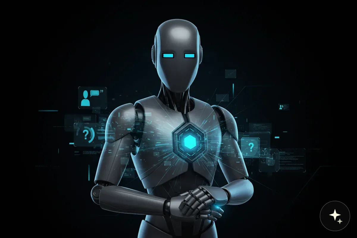 Robot z niebieskimi oczami i świecącym heksagonem na piersi, otoczony ikonami interfejsu użytkownika
