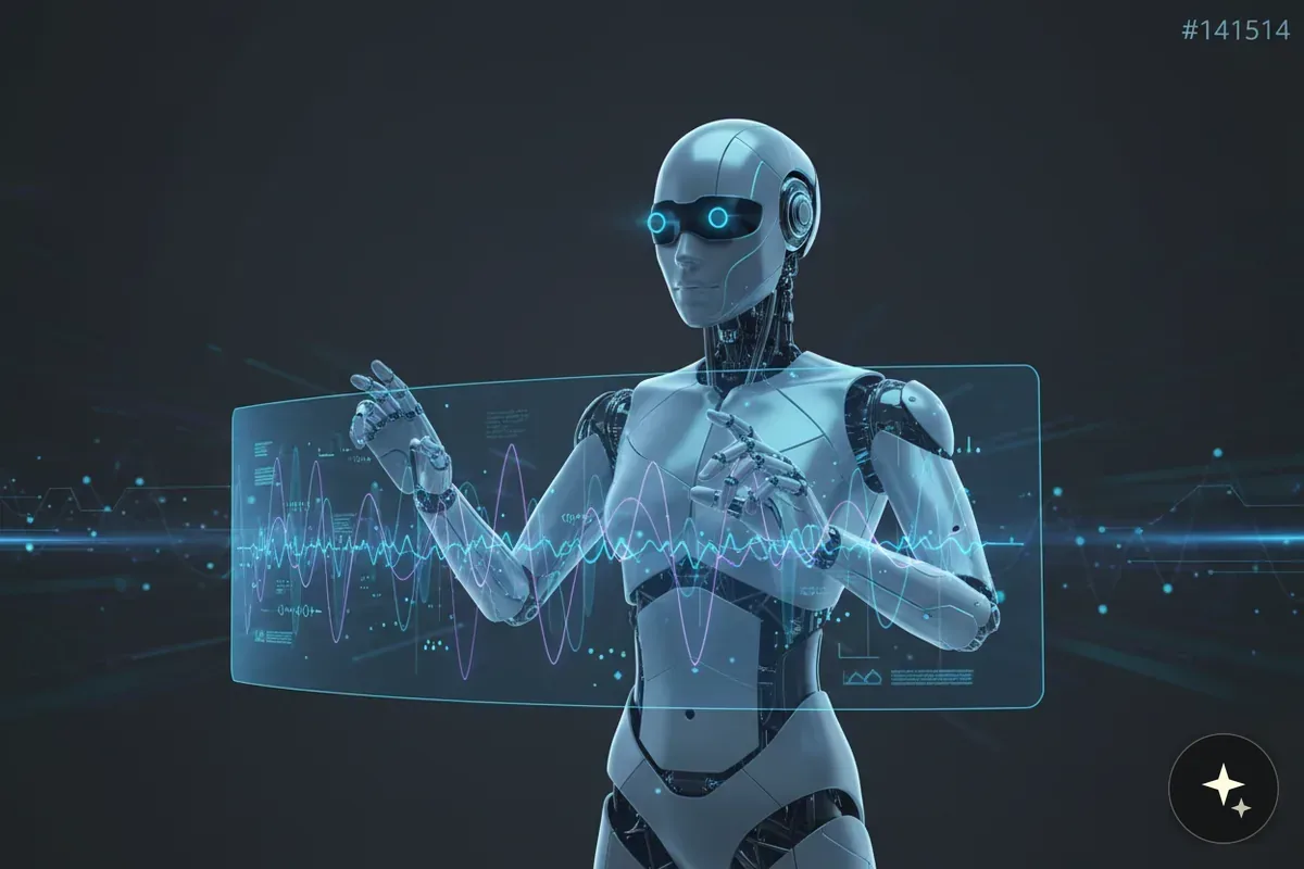 Humanoidalny robot z niebieskimi, świecącymi oczami, obsługujący przezroczysty panel z wykresami falowymi