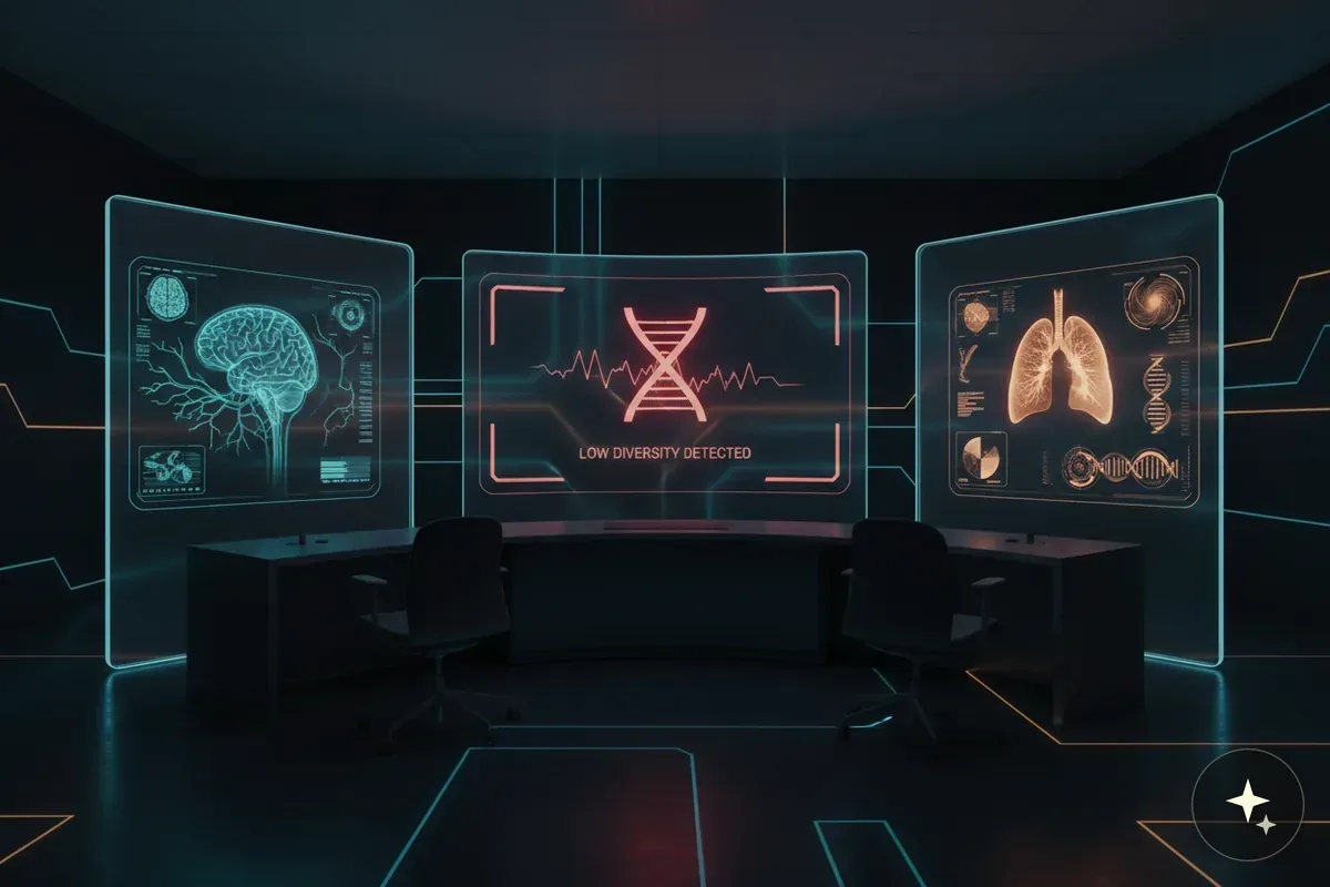 Trzy futurystyczne ekrany wyświetlają mózg, płuca i symbol DNA z napisem "LOW DIVERSITY DETECTED