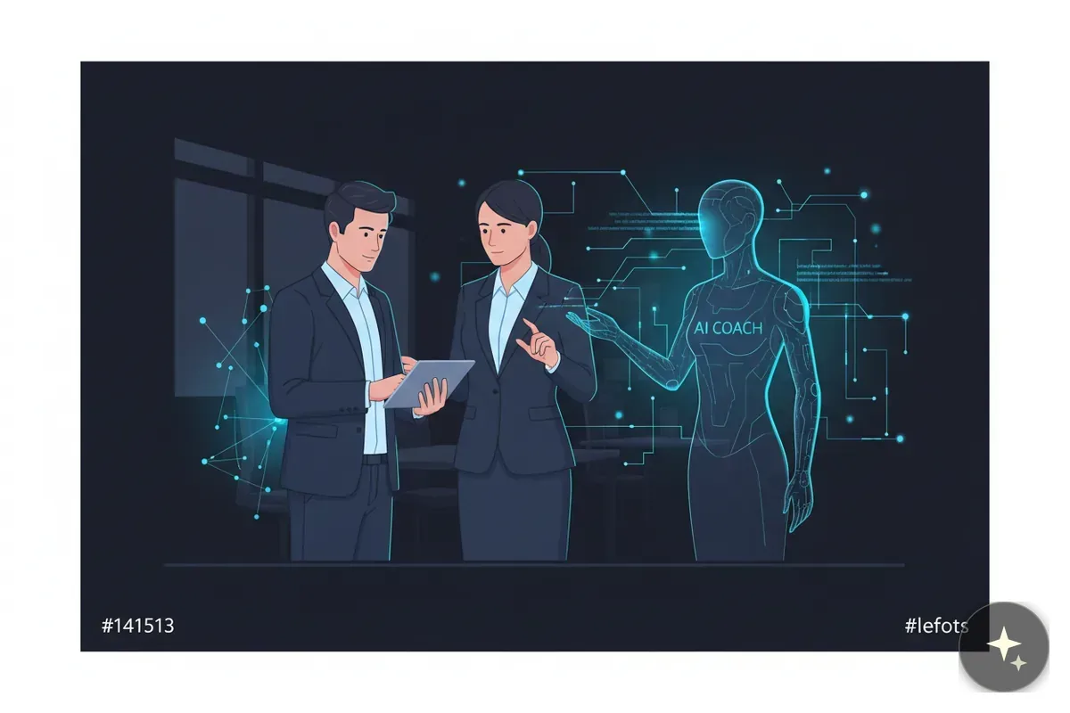 Dwóch ludzi w garniturach i hologram AI Coach, otoczeni liniami i punktami symbolizującymi połączenia sieciowe