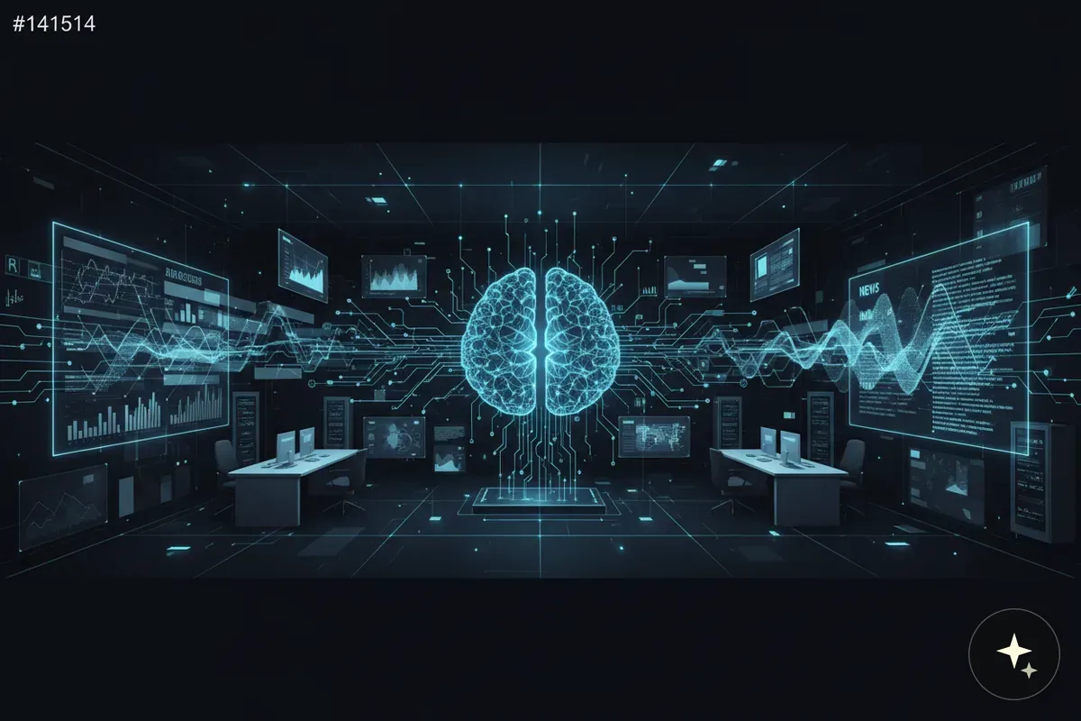 Hologram mózgu w centrum ciemnego pokoju z monitorami, wykresami i falami danych w tle