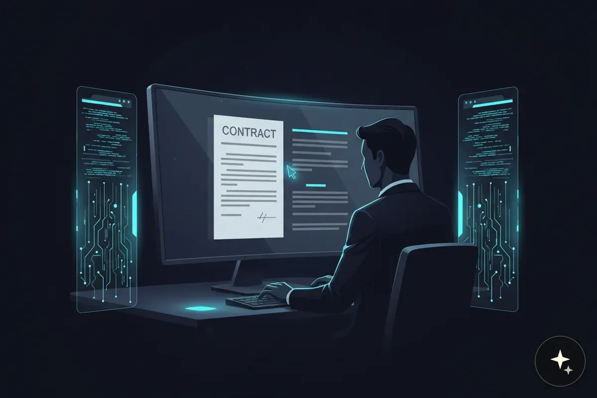 Mężczyzna w garniturze pracuje przy komputerze, na ekranie widać dokument z napisem "CONTRACT" i kod