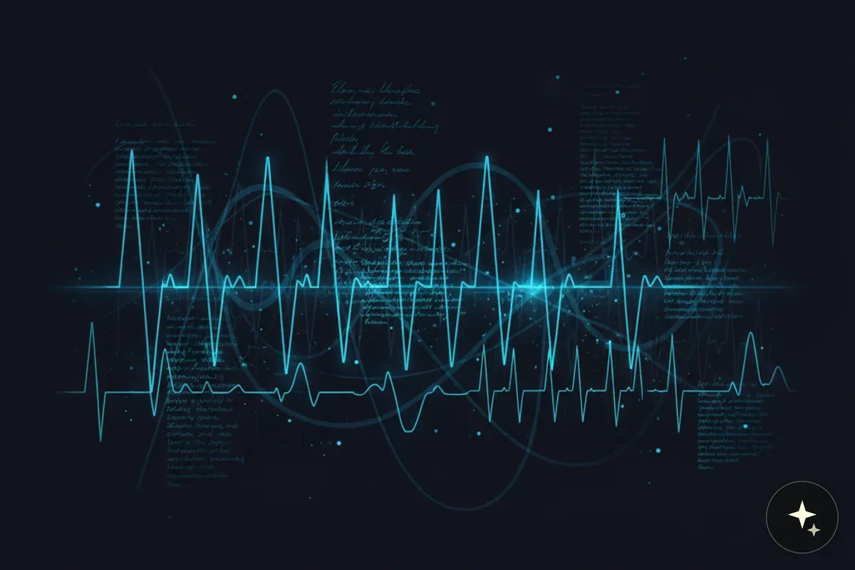 Niebieskie linie EKG na ciemnym tle z niewyraźnym tekstem i abstrakcyjnymi kształtami