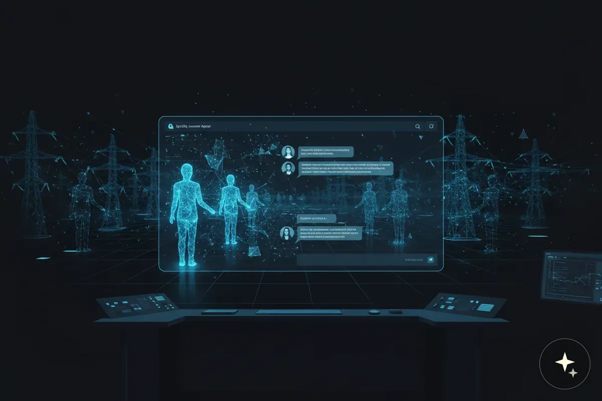 Panel sterowania z hologramem czatu, sylwetkami ludzi i słupami wysokiego napięcia