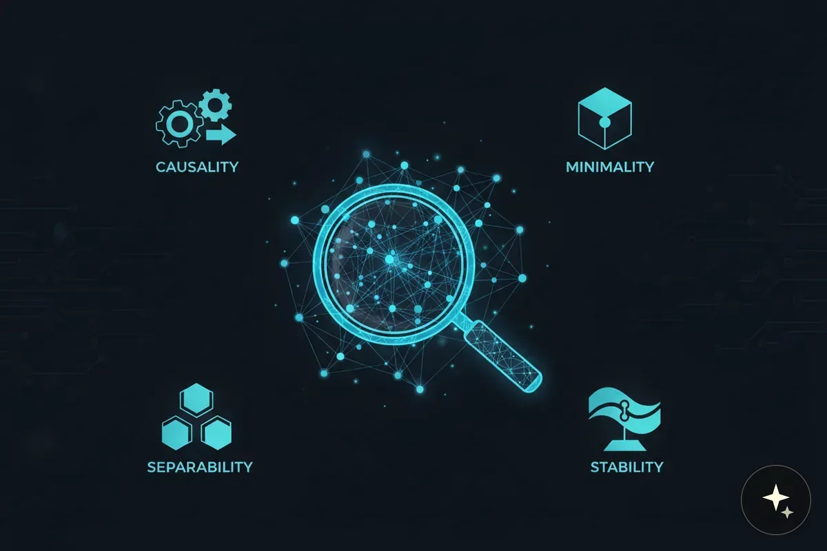 Diagram z lupą w centrum i czterema ikonami z podpisami: Causalita, Minimality, Separability, Stability