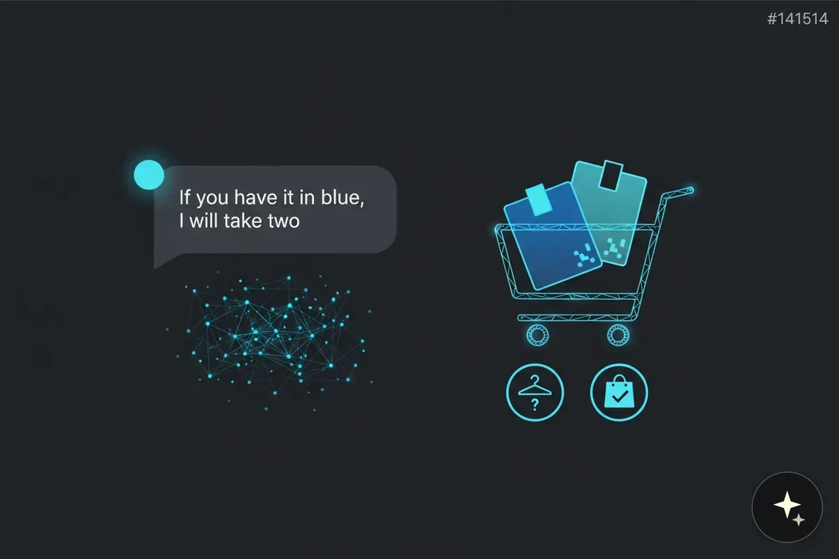 Dymek czatu z tekstem "If you have it in blue, I will take two", obok koszyk z zakupami