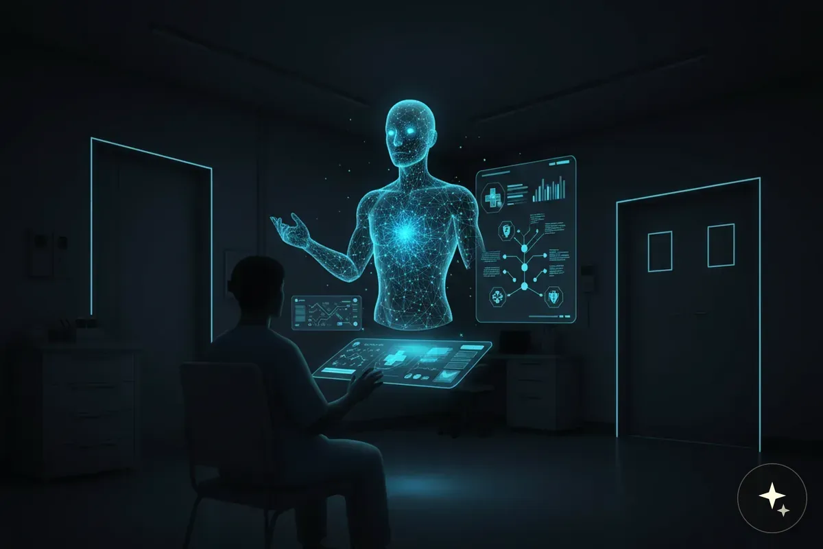 Lekarz obsługuje interfejs dotykowy, wyświetlający hologram ludzkiego ciała i dane medyczne w ciemnym pomieszczeniu
