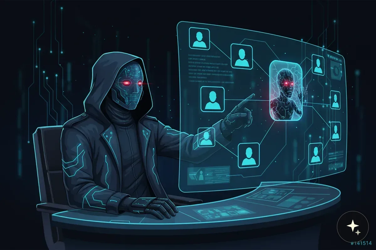 Robot w kapturze, z czerwonymi oczami, siedzi przy biurku i wskazuje na hologram z profilami użytkowników