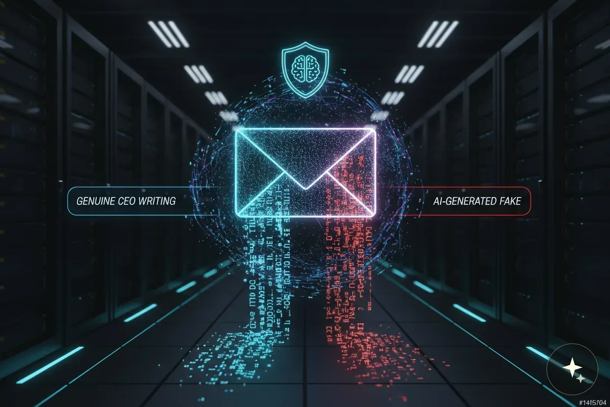 Hologram koperty z tarczą i mózgiem, dane spływające w dół, napisy: GENUINE CEO WRITING i AI-GENERATED FAKE
