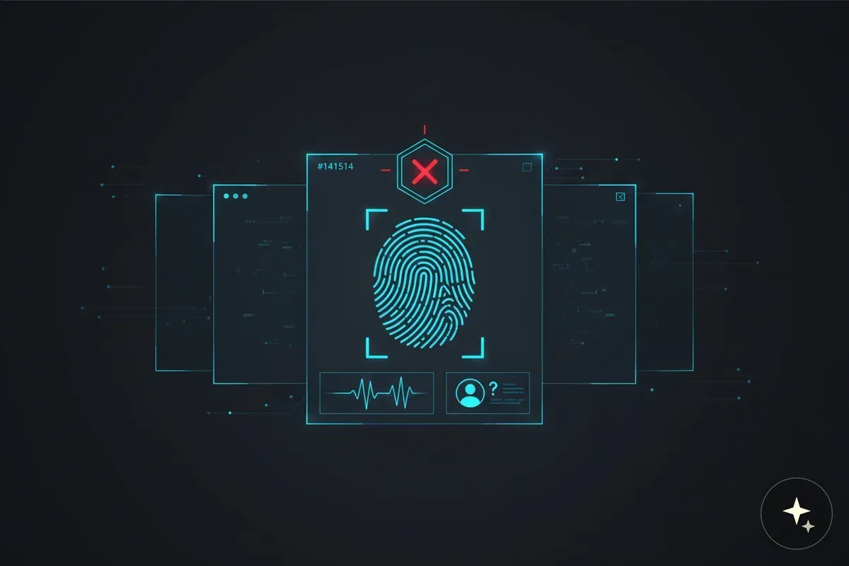 Interfejs użytkownika z ikoną odcisku palca, symbolem błędu i wykresami biometrycznymi