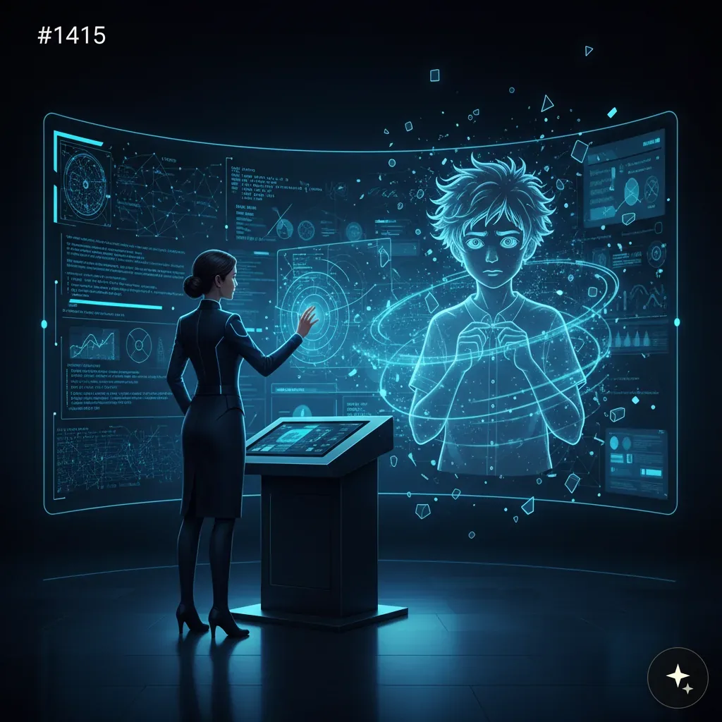 Kobieta w garniturze obsługuje panel dotykowy, obok niej hologram chłopca i interfejs z danymi