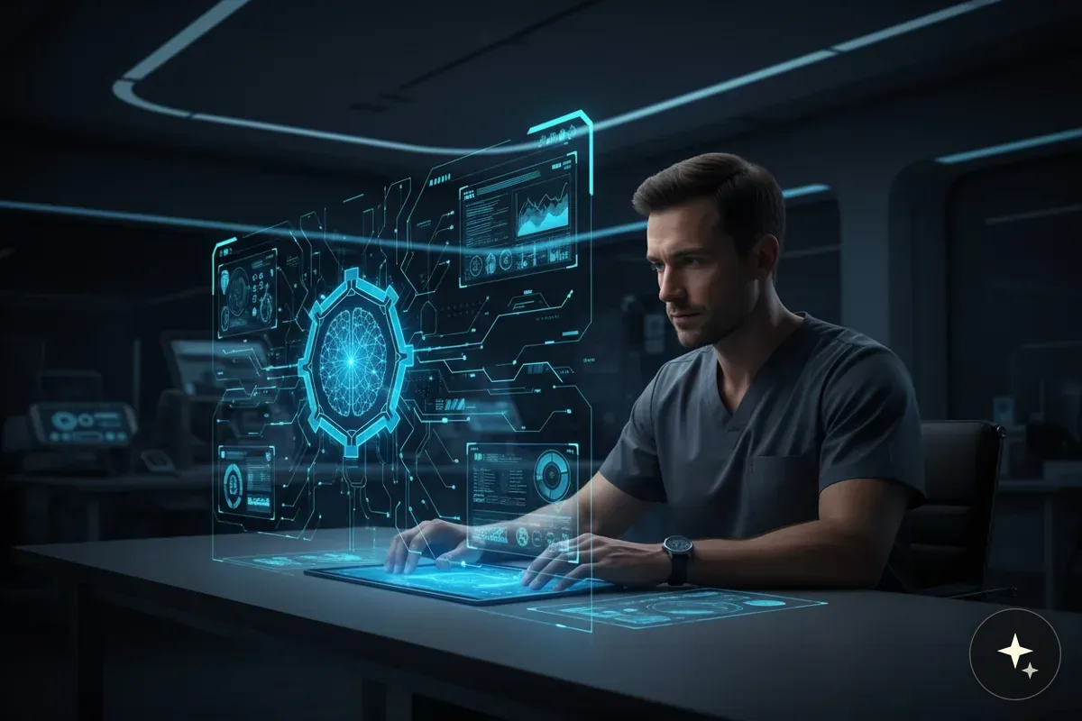 Mężczyzna w szarym uniformie medycznym pracuje przy futurystycznym interfejsie z hologramem mózgu i danymi