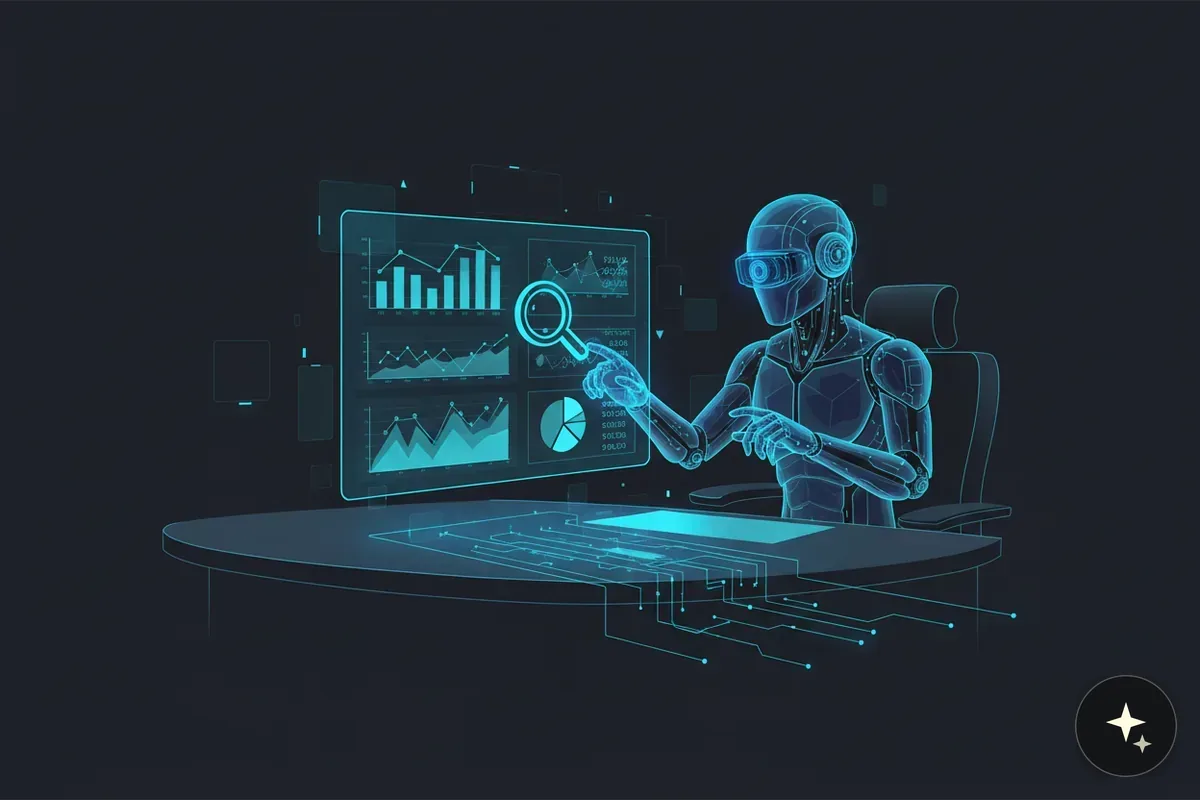 Humanoidalny robot w okularach VR siedzi przy biurku i dotyka ekranu z wykresami i lupą