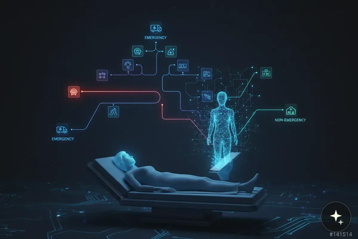 Pacjent leżący na stole operacyjnym, obok hologram człowieka i schemat triażu medycznego