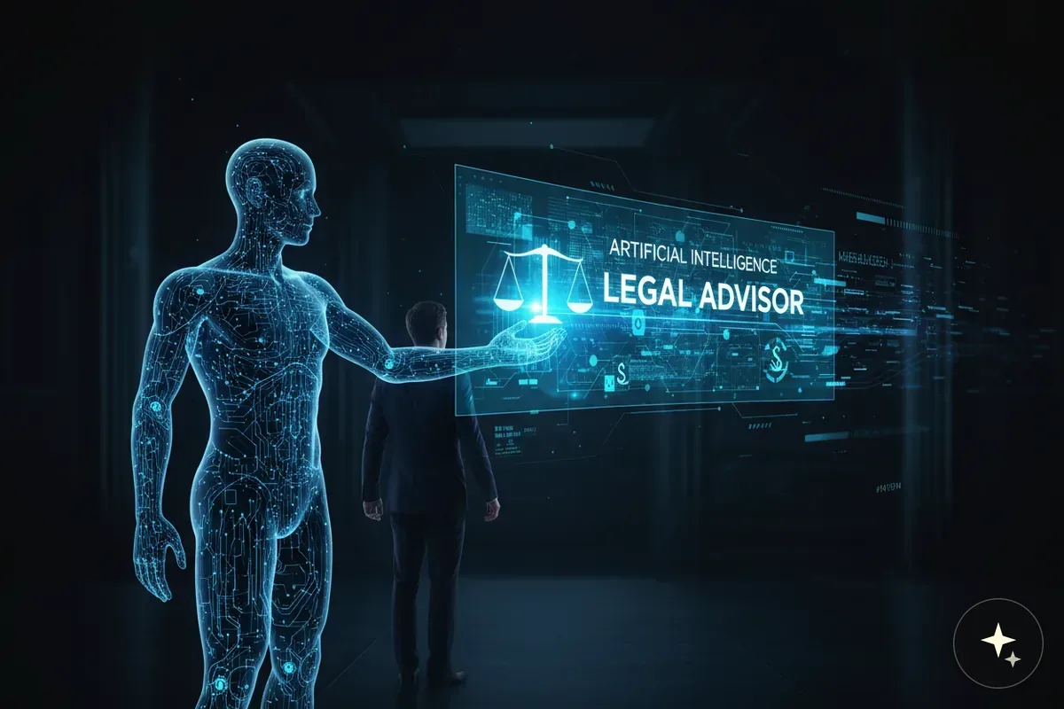 Świecąca niebieska sylwetka człowieka z obwodami elektronicznymi i mężczyzna przed ekranem z napisem "Legal Advisor