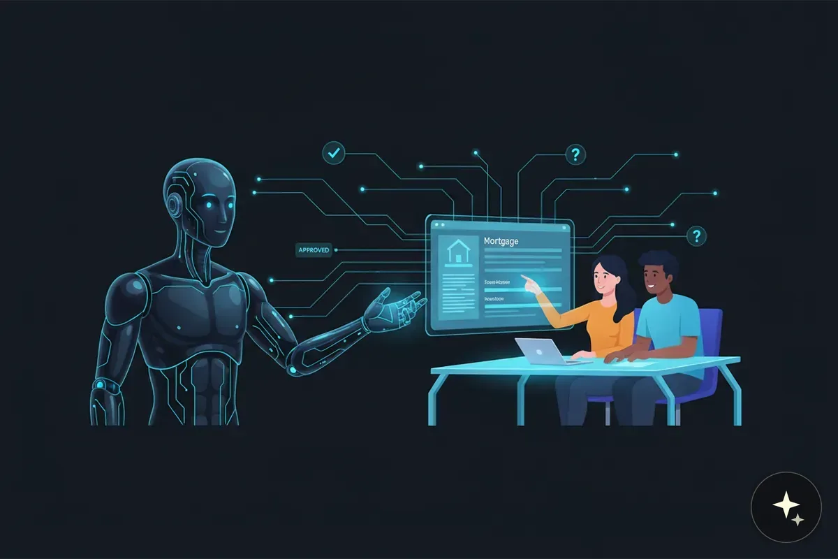 Robot, kobieta i mężczyzna analizują wniosek o kredyt hipoteczny na ekranie, połączony z siecią neuronową