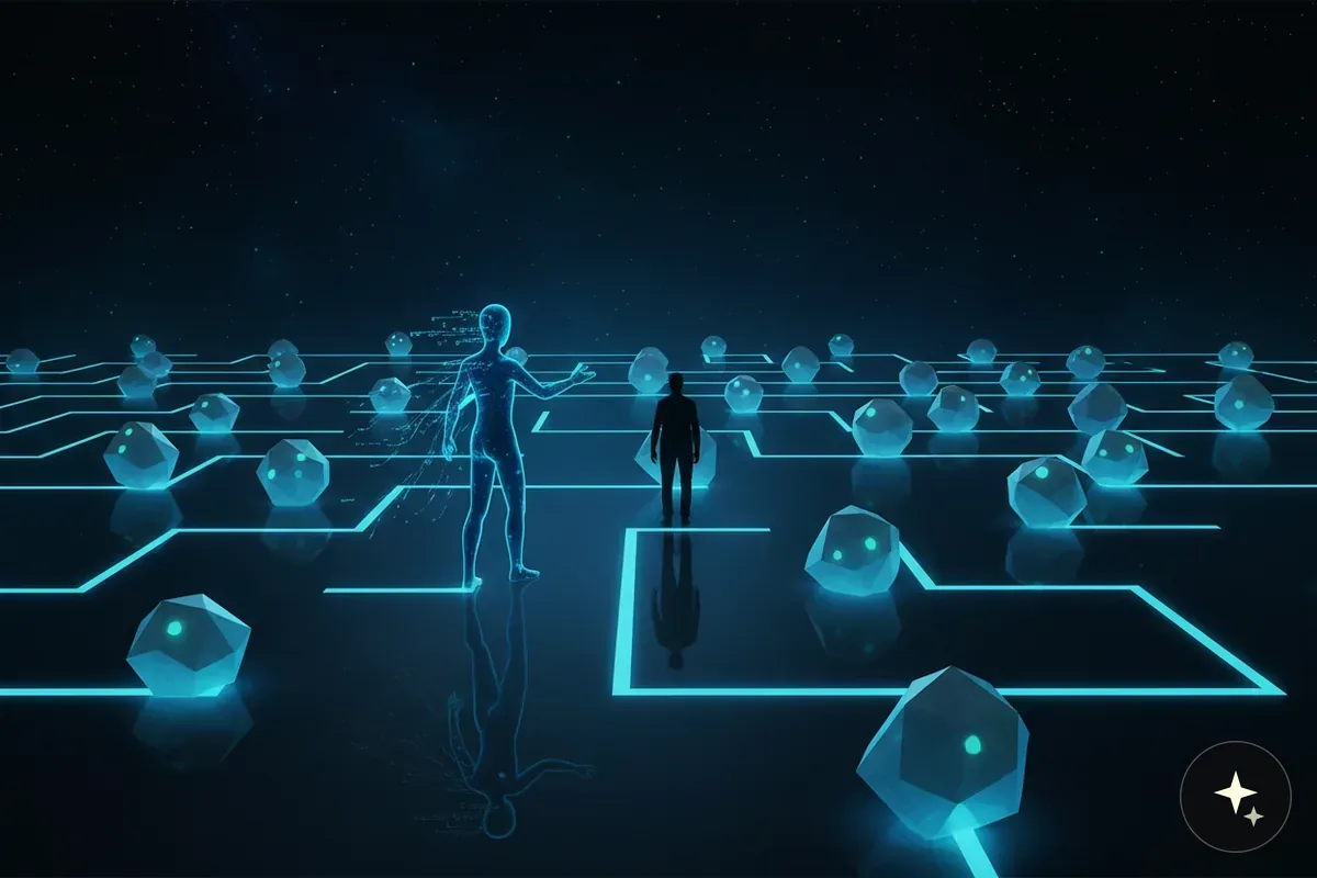 Wirtualny labirynt z niebieskimi liniami, postać człowieka i hologramu, świecące obiekty