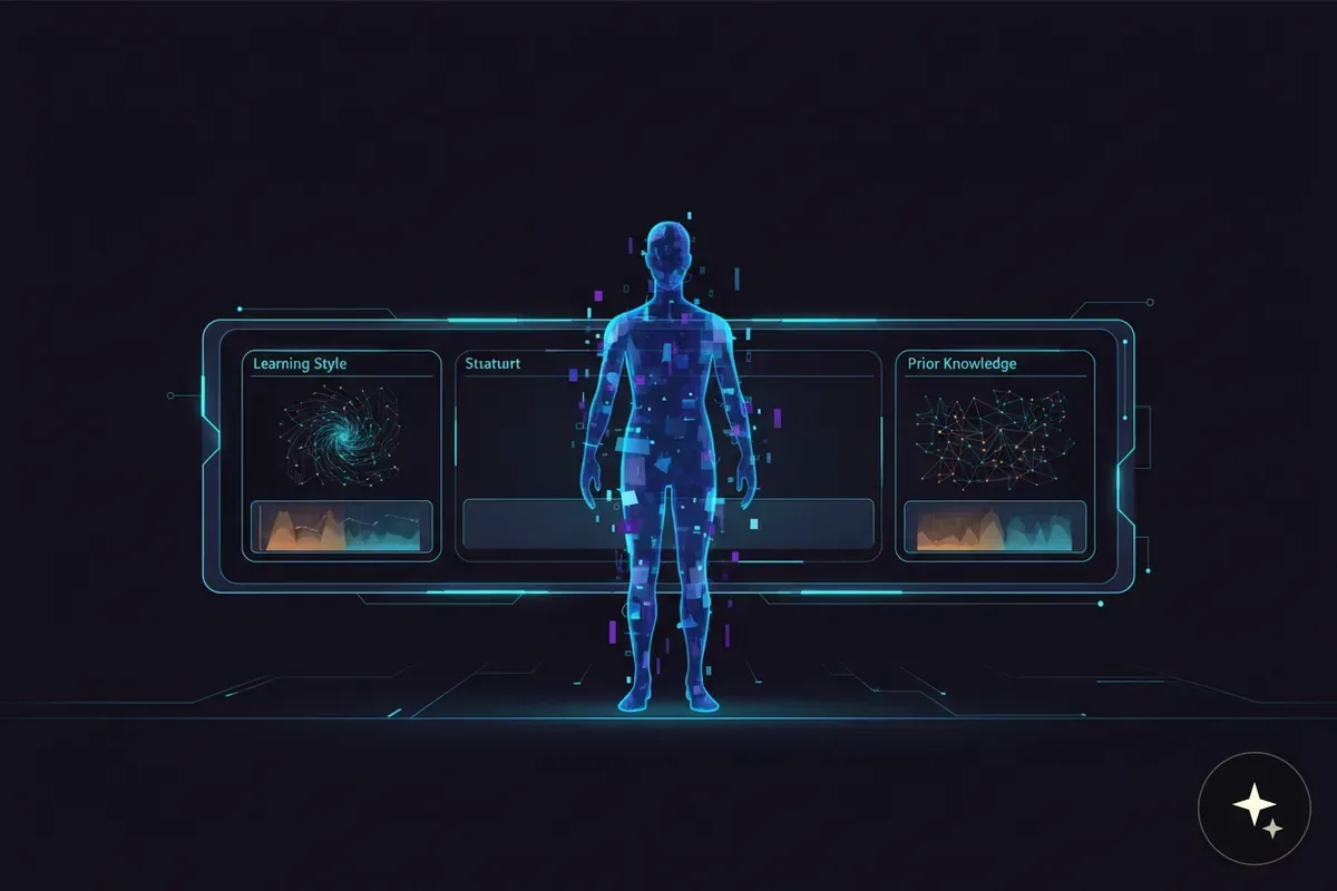 Hologram ludzkiej sylwetki z panelami danych: styl uczenia się i wcześniejsza wiedza, na ciemnym tle