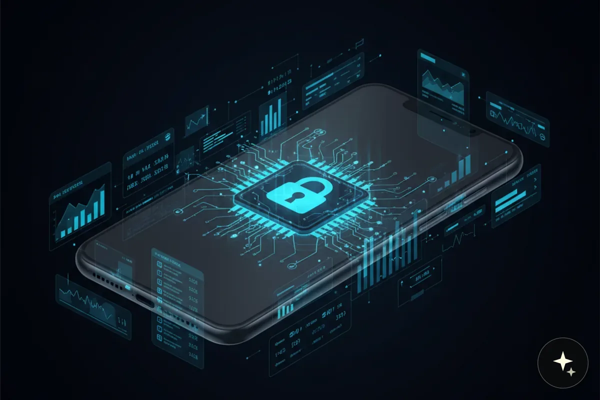 Smartfon z niebieską kłódką na procesorze i interfejsem użytkownika z wykresami i danymi