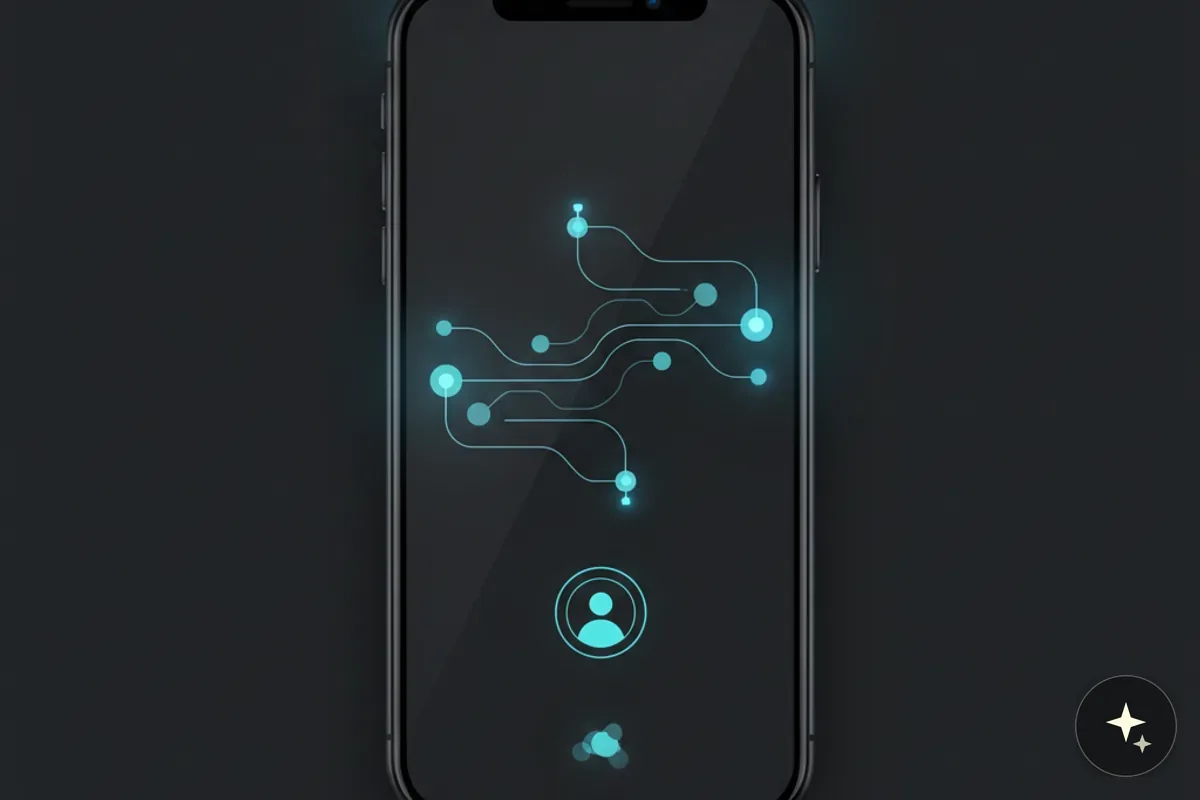 Smartfon z ciemnym ekranem, na którym świeci się turkusowy schemat połączeń i ikona użytkownika