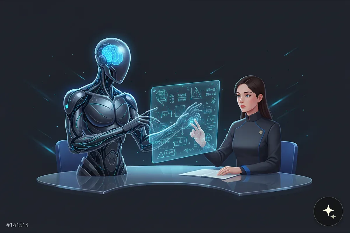 Robot i kobieta w futurystycznym biurze, oboje dotykają interaktywnego, przezroczystego ekranu z wzorami