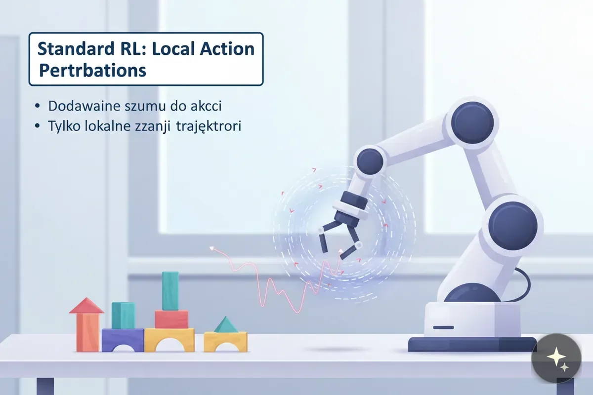 Robotyczne ramię z chwytakiem nad klockami, obok ramka z tekstem "Standard RL: Local Action Pertrbations