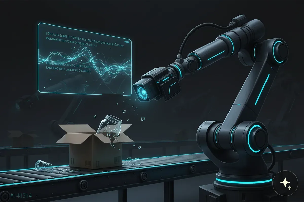 Robotyczne ramię z kamerą nad taśmociągiem, na którym leży rozbite szklane naczynie w kartonie