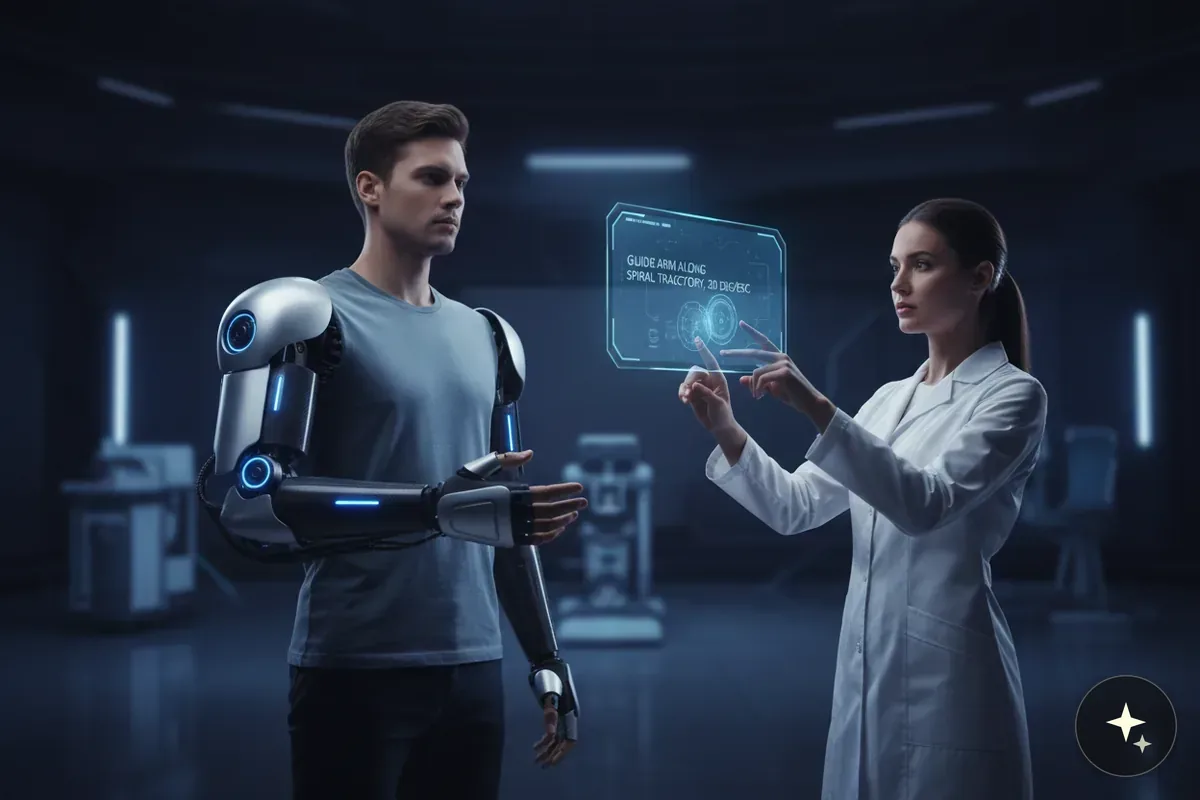 Mężczyzna z bionicznymi ramionami i kobieta w białym fartuchu obsługująca interfejs holograficzny
