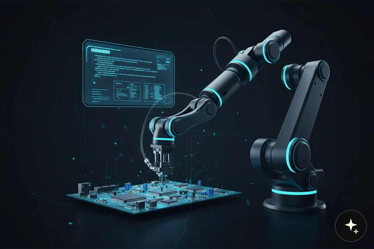 Dwa ramiona robotyczne montujące podzespoły na płytce drukowanej, z interfejsem użytkownika w tle