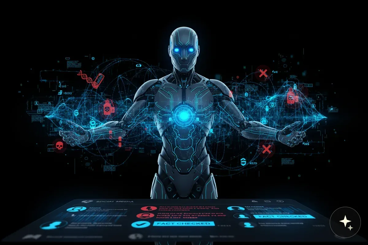Humanoidalny robot z niebieskimi oczami i podświetlonym torsem, otoczony cyfrowymi ikonami i danymi